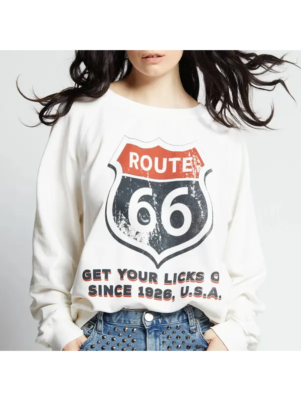 Women's Vintage Route 66 Graphic Outdoor Road Trip Sweatshirt White - Ootdmw.com 