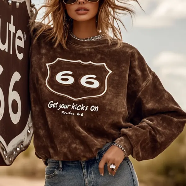 Women's Vintage Route 66 Print Tie-Dye Sweatshirt Dark Brown - Cotosen.com 