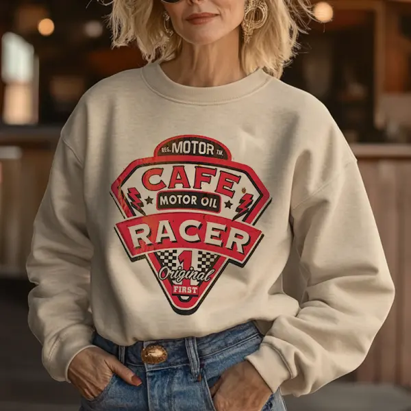 Women's Vintage Cafe Racer Route 66 Western Graphic Sweatshirt Beige - Cotosen.com 