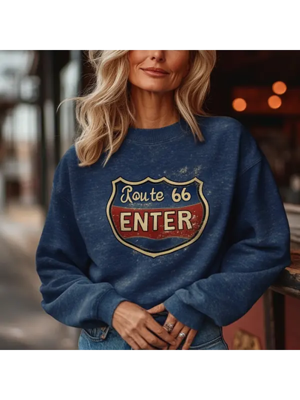 Women's Vintage Route 66 Shield Print Western Style Fit Sweatshirt Dark Blue - Localziv.com 