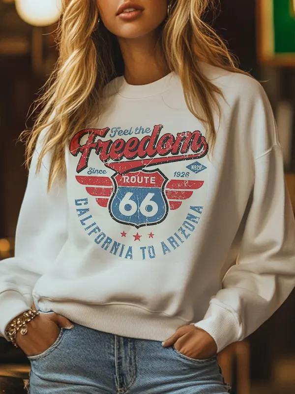 Women's Vintage Route 66 Feel The Freedom Graphic Sweatshirt Beige Only $29.99 - Menbarn.com 