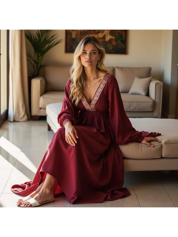 Vestido Largo Informal De Manga Larga Con Encaje Decorativo Y Suelto Para Mujer - Localziv.com 