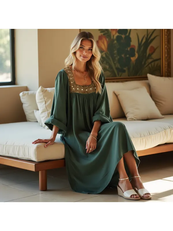 Ladies Casual Loose Embroidery Decoration Long Sleeve Long Dress - Localziv.com 