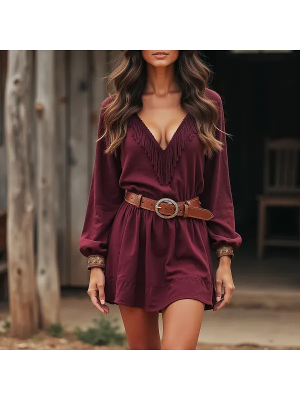 Vestido Informal Holgado De Manga Larga Con Bordado Y Borlas Para Mujer - Localziv.com 