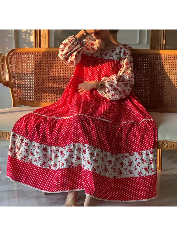 Women's Middle Eastern Polka Dot Mini Floral Jalabiyas Dress - Localziv.com 