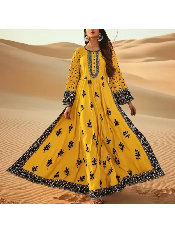 Women's Vintage Leaf Print Middle Eastern Round Neck Long Sleeve Kaftan Robe Yellow Maxi Dress - Localziv.com 