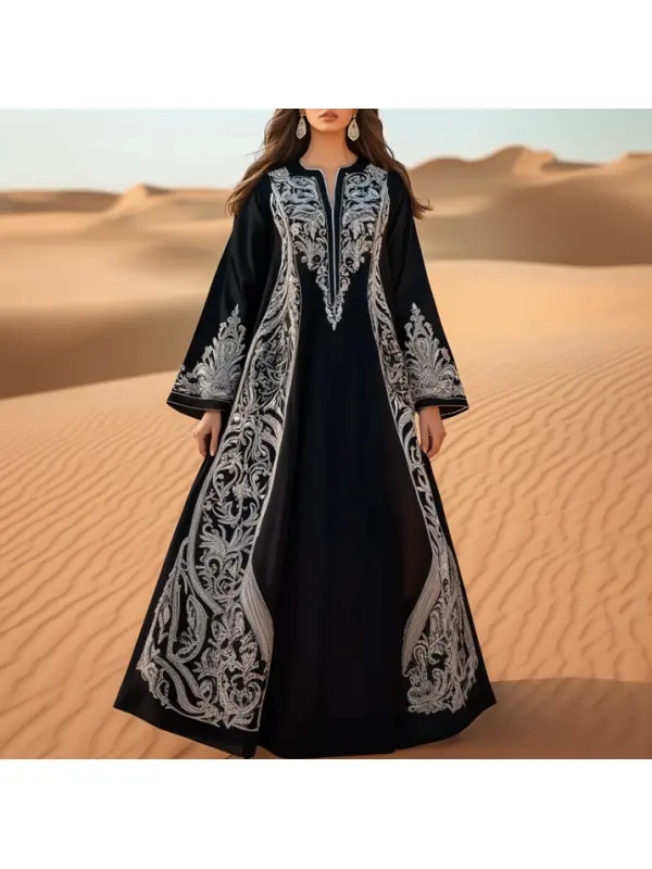 Women's Vintage Silver Arabic Geometric Pattern Print Middle Eastern V-Neck Long Sleeve Kaftan Robe Black Maxi Dress - Localziv.com 
