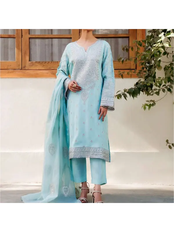 Women's Middle Eastern Ethnic Style Print Gorgeous Blue Solid Color Simple Jalabiyas Suit - Localziv.com 