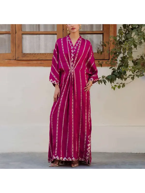 Women's Middle Eastern Gorgeous V-neck Rose Red Solid Color Simple Jalabiyas Kaftan - Localziv.com 