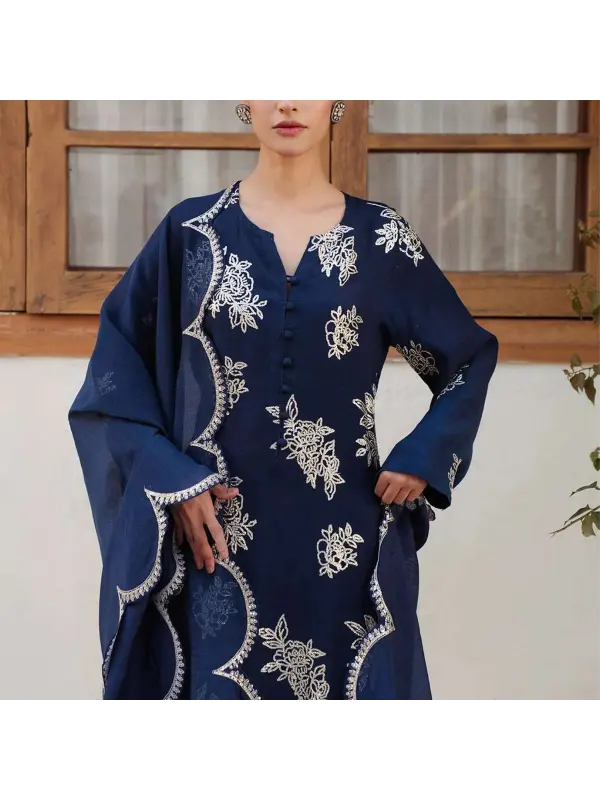 Women's Middle Eastern Gorgeous Button-down Blue Solid Color Simple Jalabiyas Suit - Localziv.com 