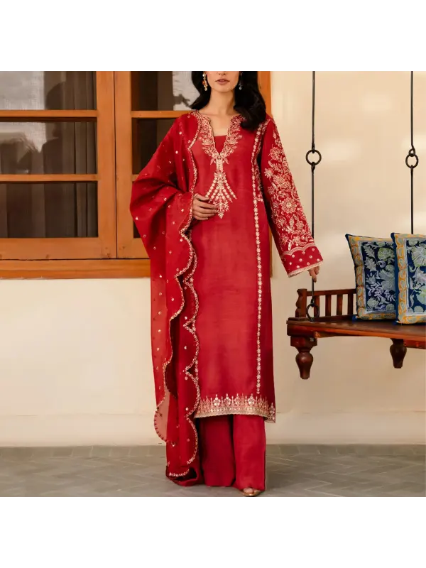 Women's Middle Eastern Gorgeous V-neck Red Solid Color Simple Jalabiyas Suit - Localziv.com 