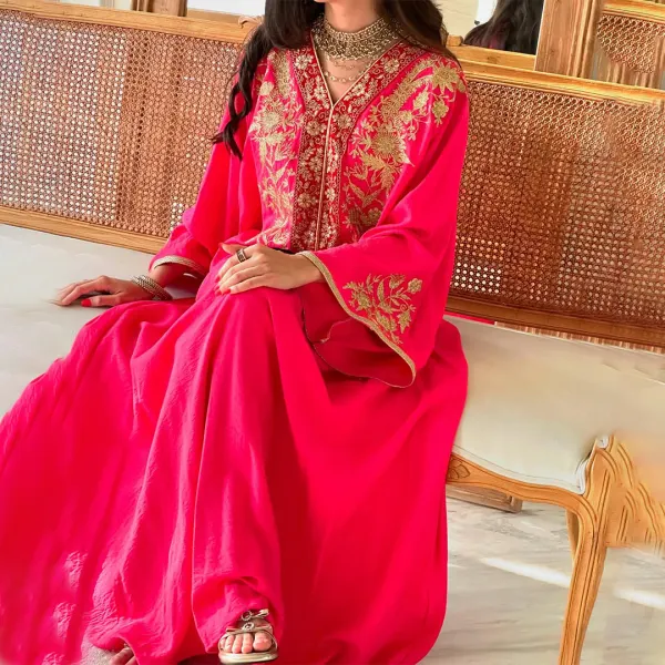 Womens Middle Eastern Solid Color Gorgeous V-neck Jalabiyas Dress - Spiretime.com 