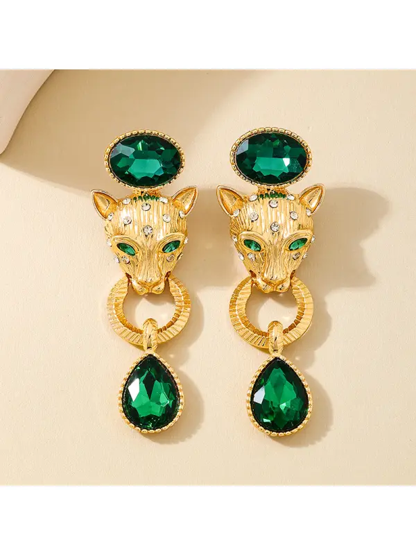 Womens Metal Spotted Leopard Emerald Pendant Earrings - Localziv.com 
