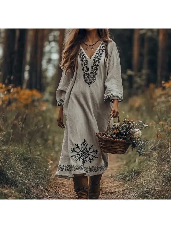 Vintage Viking Celtic Knot Cotton Linen Mixi Dress - Localziv.com 