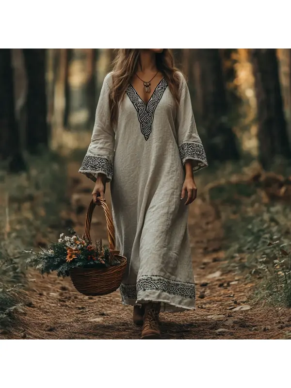 Vintage Viking Celtic Cotton Linen Crew Neck Mixi Dress - Localziv.com 