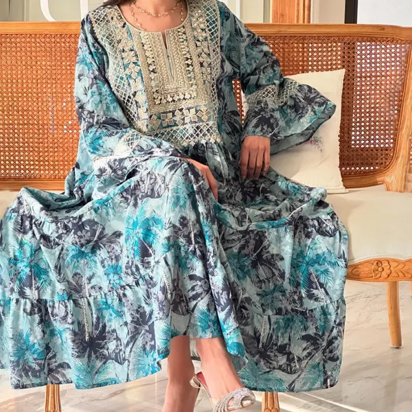 Women's Middle Eastern Tropical Floral Print Dress - Spiretime.com 