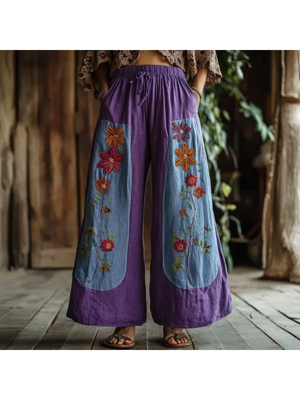 Bohemian Holiday Style Bohemian Floral Print Linen Long Loose Wide-leg Pants - Localziv.com 
