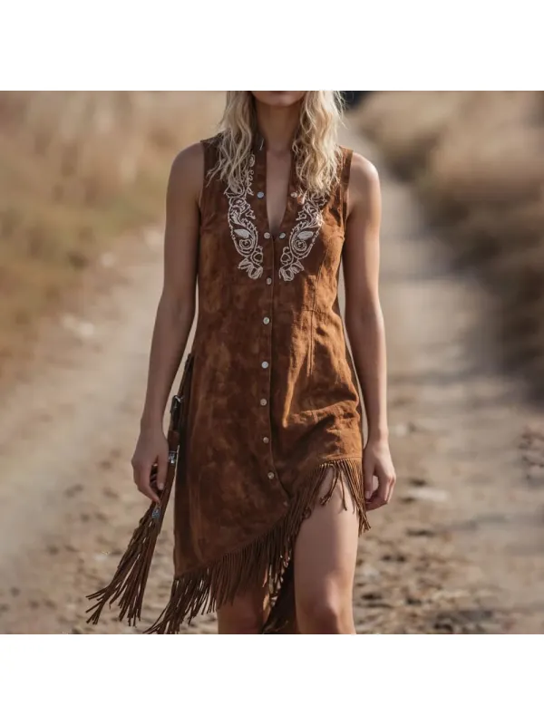 Women's Vintage Western Paisley Brown Suede Vest Dress - Localziv.com 