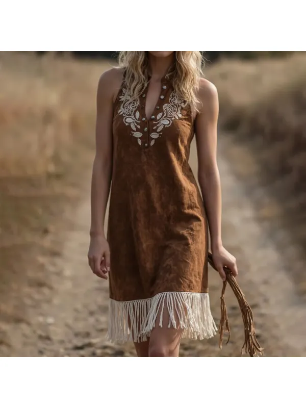 Women's Vintage Western Paisley Brown Suede Vest Dress - Localziv.com 