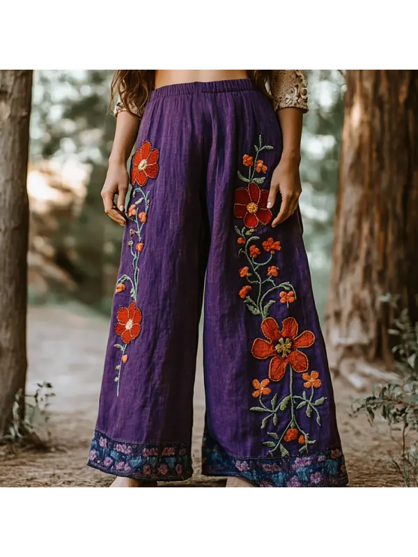 Holiday Style Linen Bohemian Floral Print Linen Long Loose Wide-leg Pants - Localziv.com 