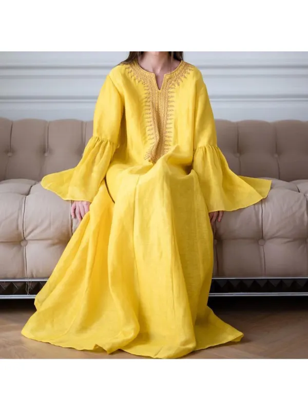 Women's Solid Color Linen Trumpet Sleeve Abaya Dress - Localziv.com 