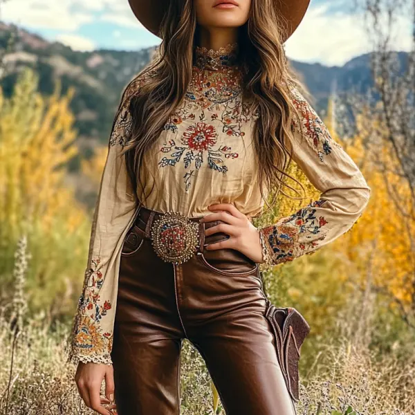 Women's West Cowboy Bohemian Elegance Ethnic Patterns Lace Crop Long Sleeves Linen Top - Ootdyouth.com 