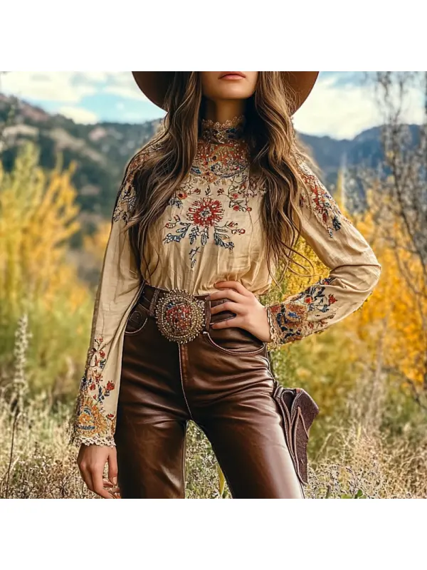 Women's West Cowboy Bohemian Elegance Ethnic Patterns Lace Crop Long Sleeves Linen Top - Aptkoi.com 