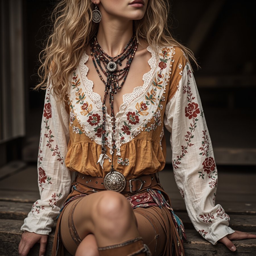 

Women's Bohemian Floral Embroidered Blouse With Lace Details