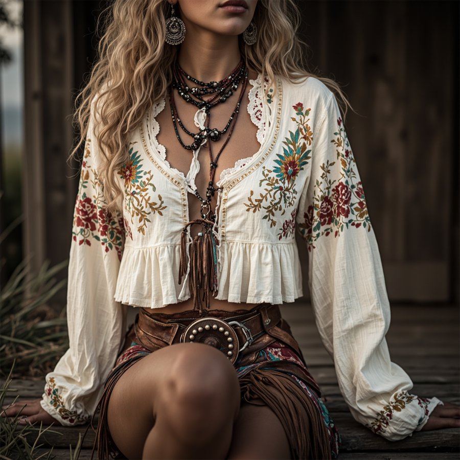 

Women's Bohemian Floral Embroidered Top With Tassel Detail