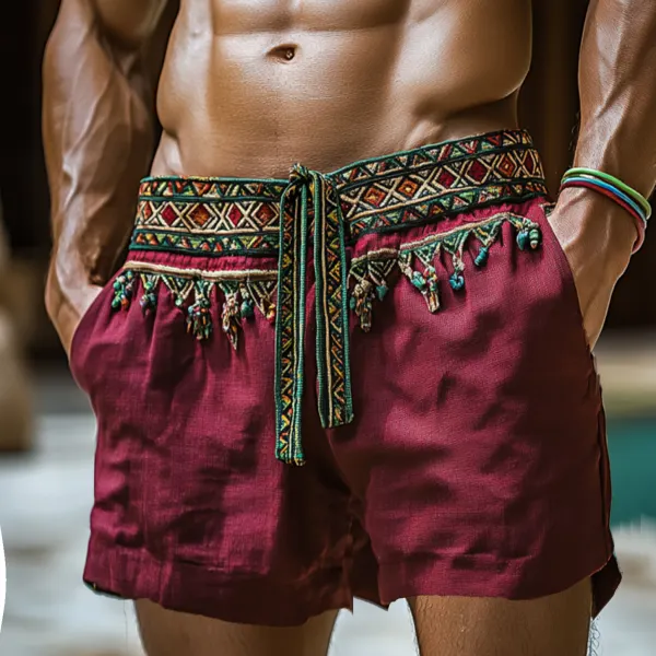 Mens Ethnic Bohemian Casual Comfort Linen Shorts - Mobivivi.com 