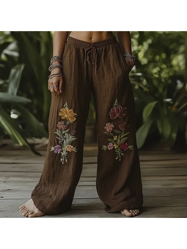 Bohemian Resort Forest Vintage Faux Linen Floral Ethnic Totem Print Casual Pants - Aptkoi.com 