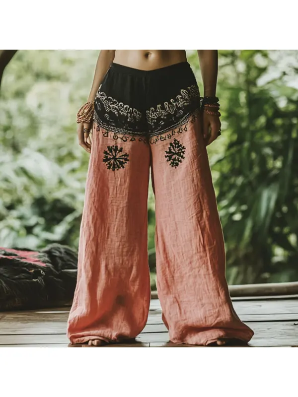 Bohemian Resort Forest Vintage Faux Linen Floral Ethnic Totem Print Casual Pants - Aptkoi.com 