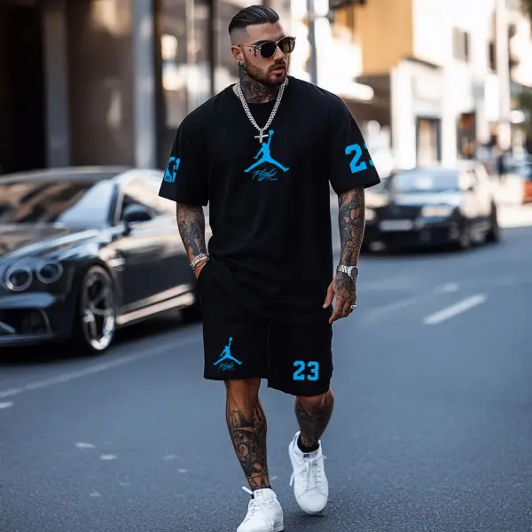 Unisex Basketball Print Oversized Streetwear Black Short-Sleeved T-shirt And Shorts Set