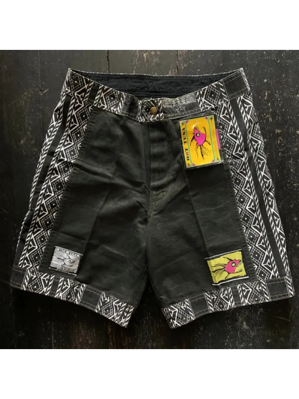 Surf Retro Panel Print Logo Denim Shorts - Localziv.com 