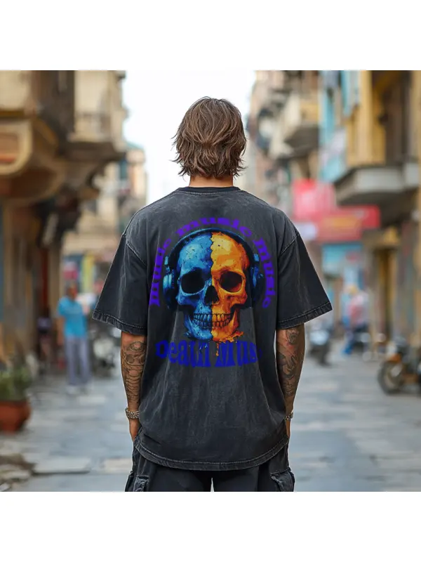 Skull & Headphones Graphic Denim T-Shirt - Urban Street Style - Aptkoi.com 