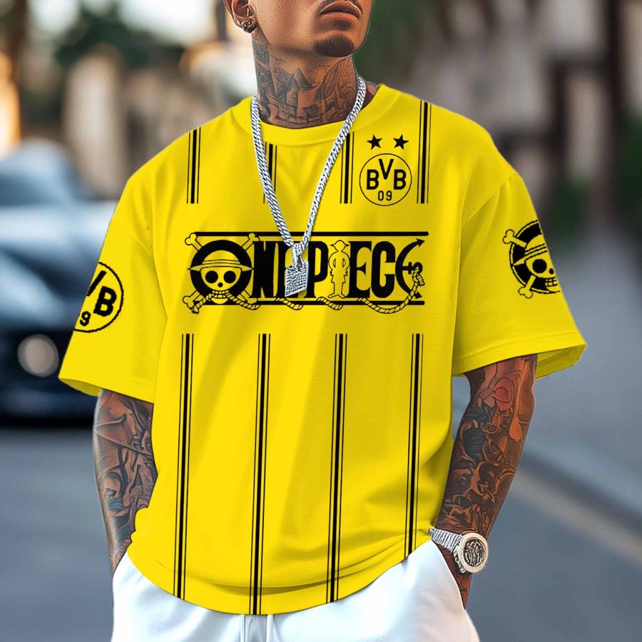 

Unisex Football Jersey And Anime Print Round Neck Yellow Short Sleeve Oversized T-Shirt