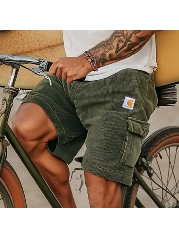 Men's Vintage Corduroy Multi-Pocket Surf Elastic Drawstring Shorts - Aptkoi.com 