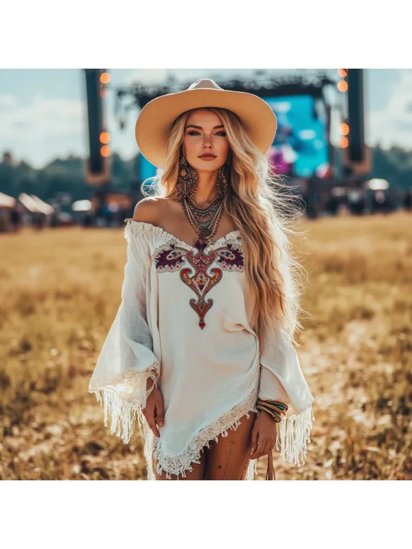 Bohemian Embroidered Off-Shoulder Dress With Fringe Details - Shopyiyistories.com 