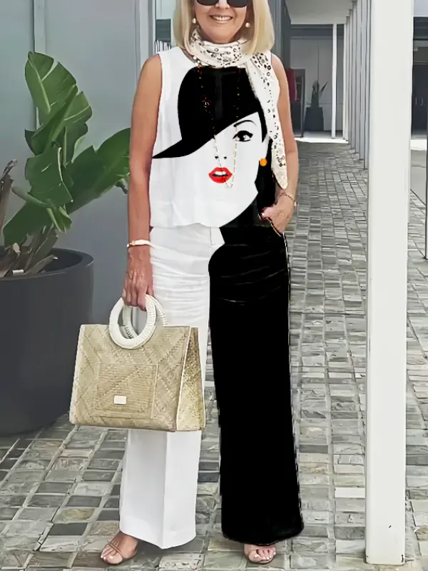 Women's Cotton And Linen Elegant White And Black Ensemble With Artistic Print Suit - Aptkoi.com 