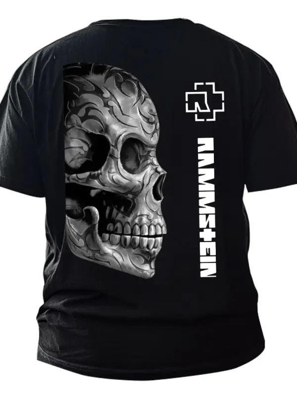 Men's Vintage Rock Band Skull Print Crew Neck Short Sleeve T-Shirt - Pragmaace.com 