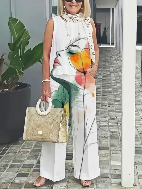Women's Cotton And Linen Elegant Floral Print Wide-Leg Suit With Casual Style - Aptkoi.com 