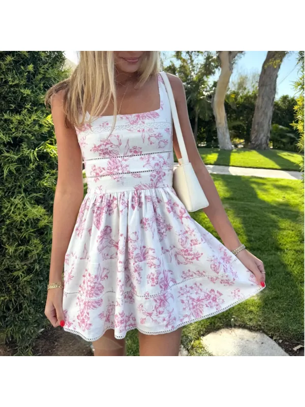 Women's Mini Floral Print Cute Sleeveless Mini Dress - Aptkoi.com 