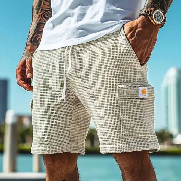 Men's Vintage Waffle Knit Multi-Pocket Casual Walkshort Workwear Elastic Cargo Shorts - Yesunshine.com 