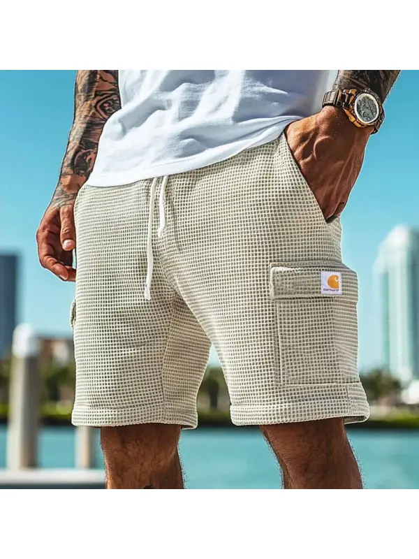 Men's Vintage Waffle Knit Multi-Pocket Casual Walkshort Workwear Elastic Cargo Shorts - Aptkoi.com 