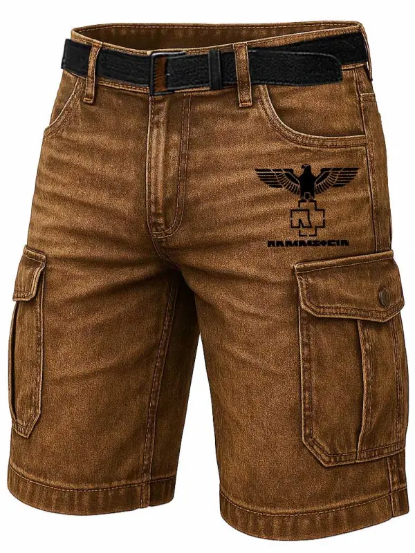 Men's Vintage Rock Band Eagle Distressed Multi-Pocket Cargo Shorts - Simplyion.com 