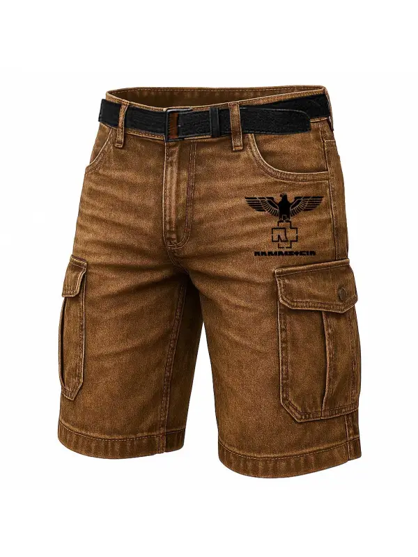 Men's Vintage Rock Band Eagle Distressed Multi-Pocket Cargo Shorts - Aptkoi.com 