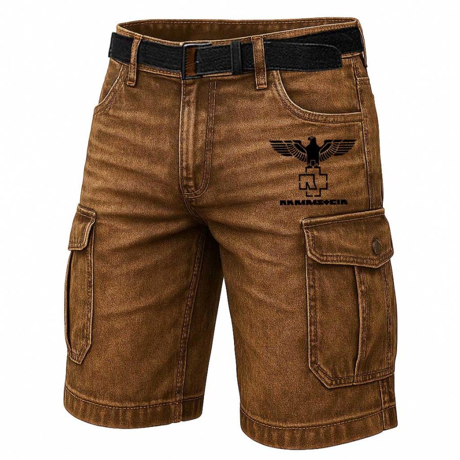 

Men's Vintage Rammstein Rock Band Eagle Distressed Multi-Pocket Cargo Shorts