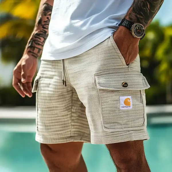 Men's Vintage Waffle Knit Multi-Pocket Surf Elastic Drawstring Cargo Shorts - Spiretime.com 