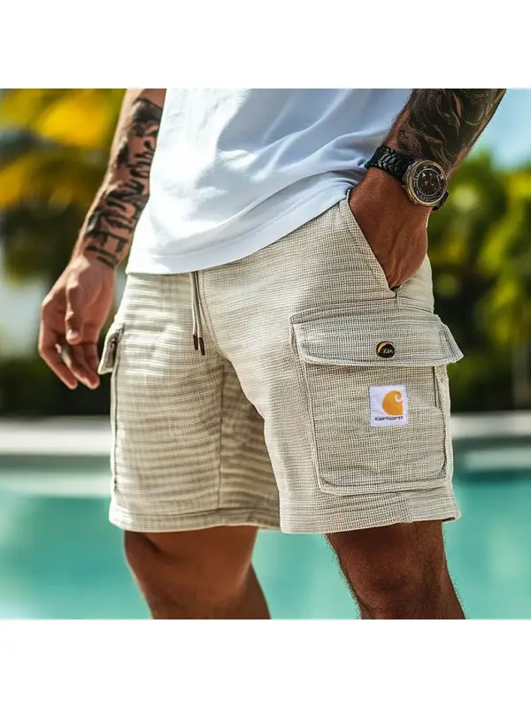 Men's Vintage Waffle Knit Multi-Pocket Surf Elastic Drawstring Cargo Shorts - Anrider.com 