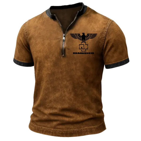 Men's Vintage Rock Band Eagle Print Zipper Henley Short Sleeve T-Shirt - Yesunshine.com 